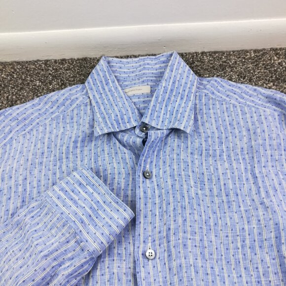 Ermenegildo Zegna Shirt Linen Polka Dot Striped Blue L/S Button Up Mens Large - Picture 1 of 10